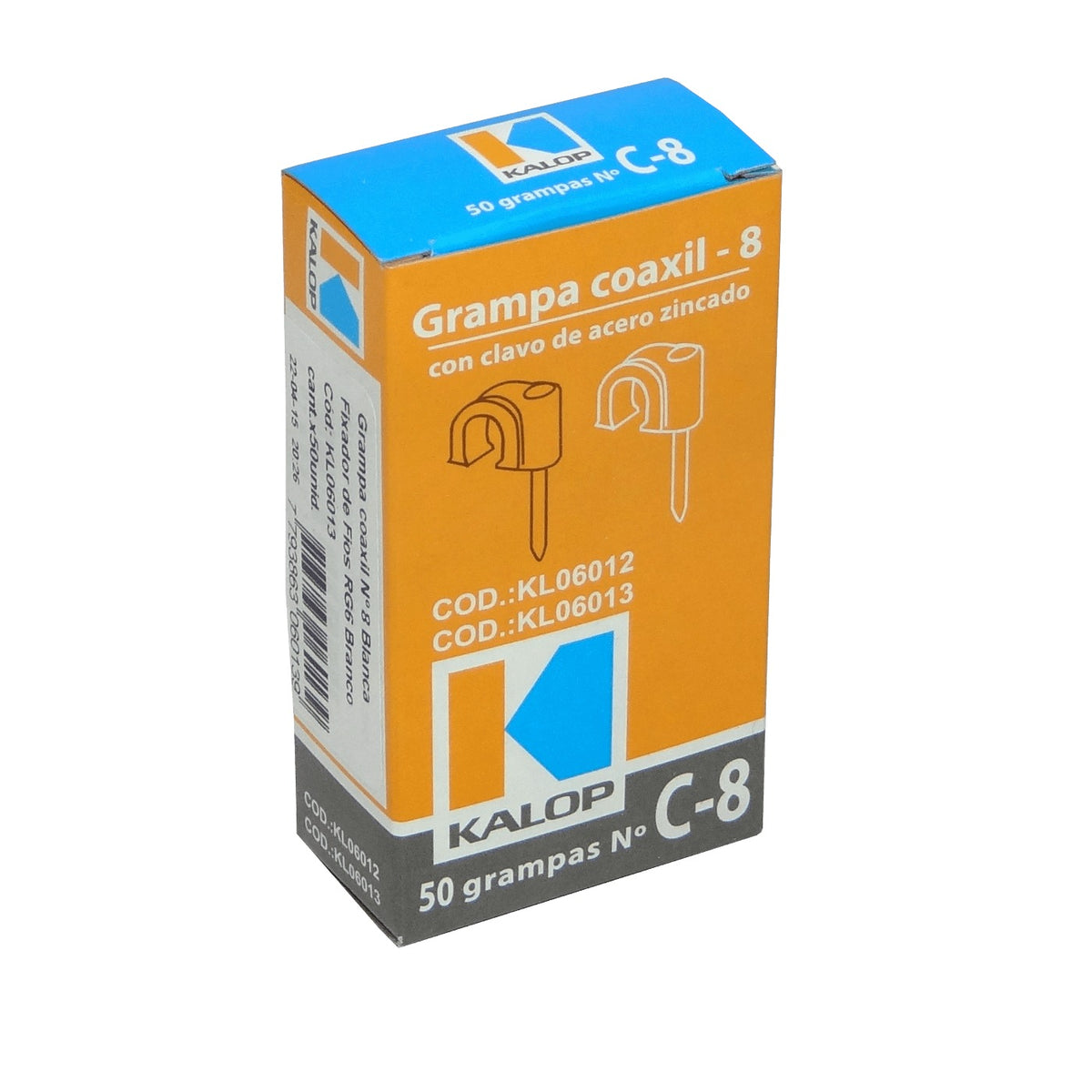 GRAMPA-C8W KALOP 50-UN C8 Blanca 8x8mm Clavo-12x2mm Zincado Sujeta-Cable Coaxial