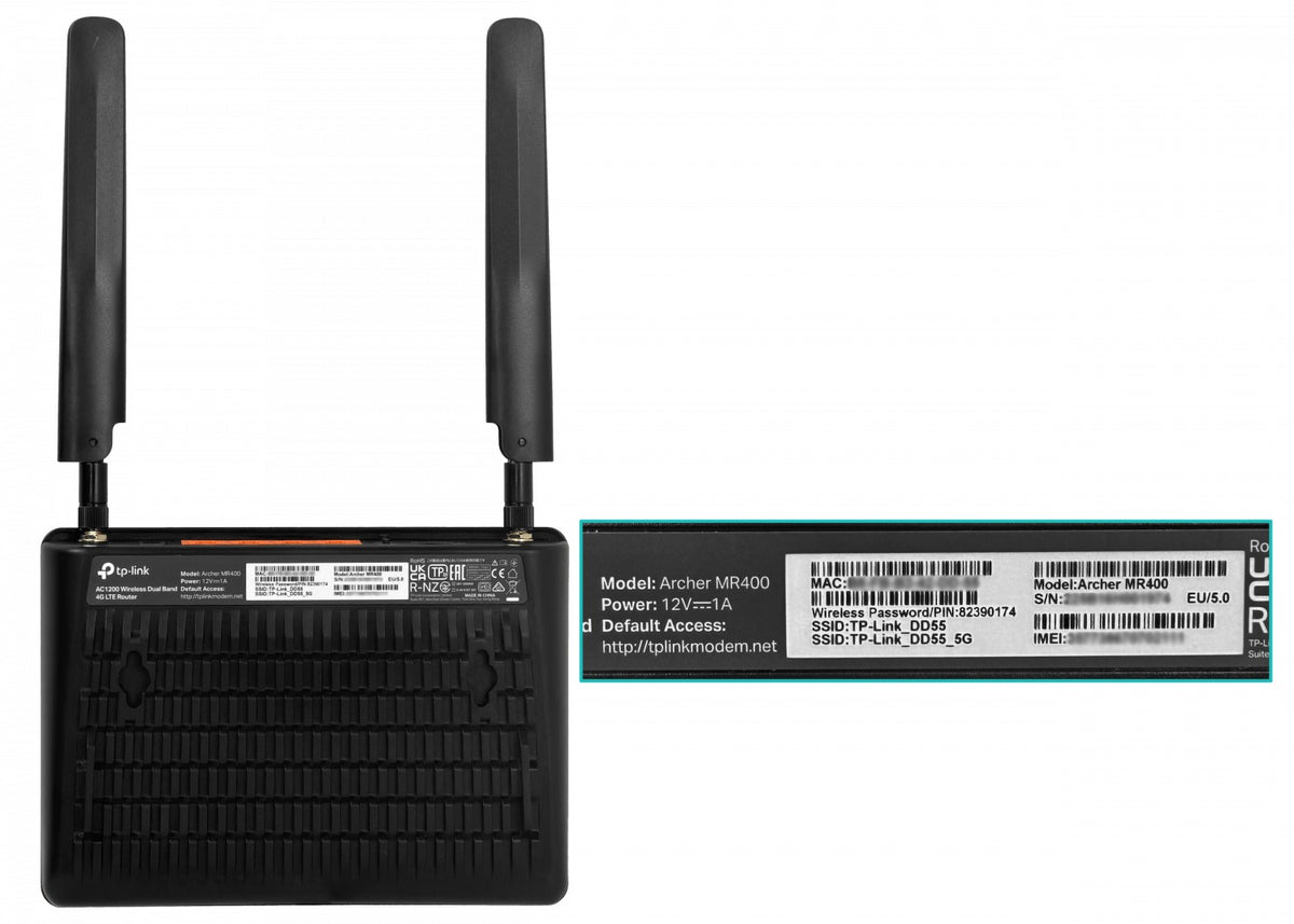 MR400. Enrutador TP-LINK 150mbps 4G/LTE 1-SIM 1-WAN 3-Puertos 100 2-Antenas SMA Doble Banda 2,4/5GHz AC1200