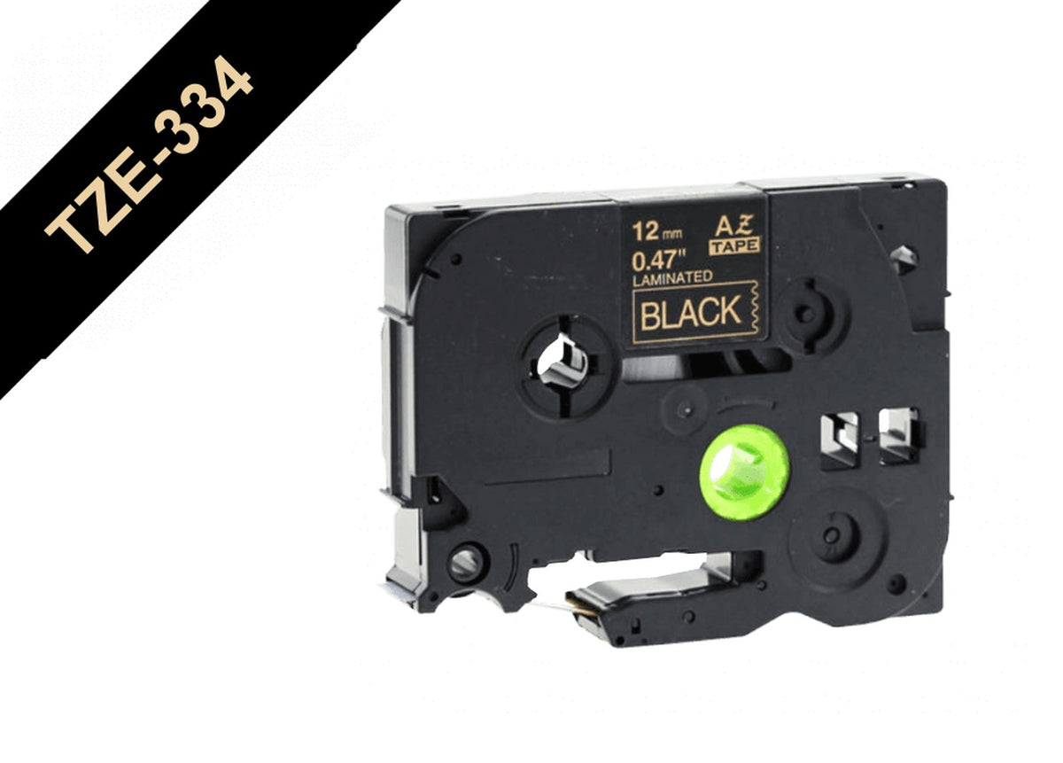 TZE-334 BROTHER 12mm Dorado sobre Base Negra Cinta 8mt para PT-H110/E300/E550/D600