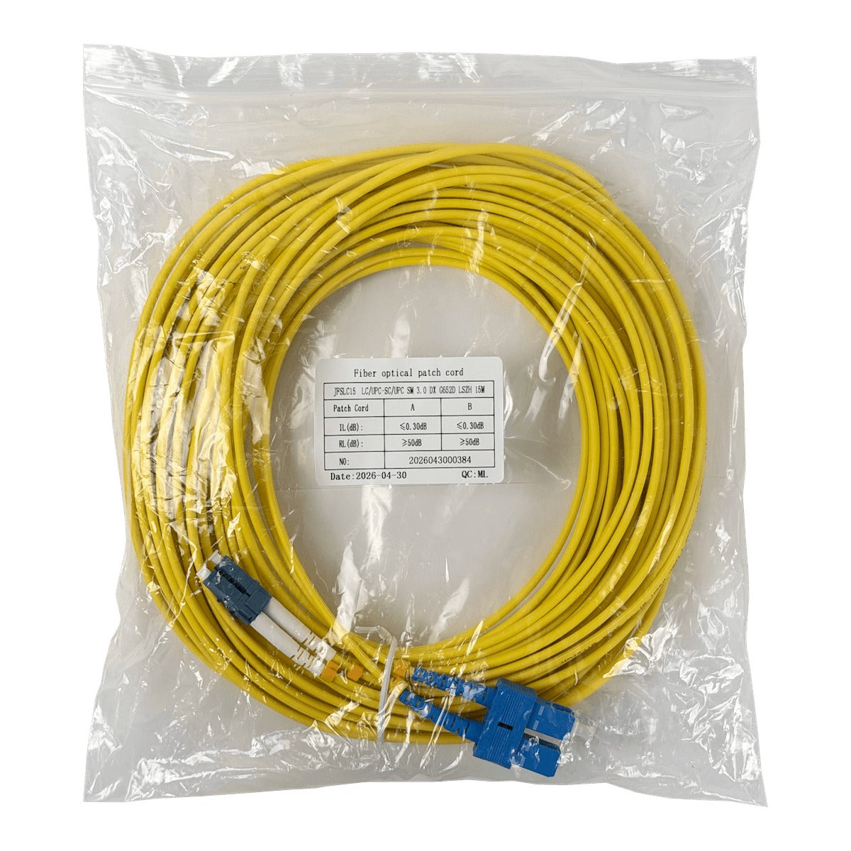 JFSLC15 15mt LC-SC/UPC MonoModo SM Duplex Jumper Cable Fibra 9/125um 3mm