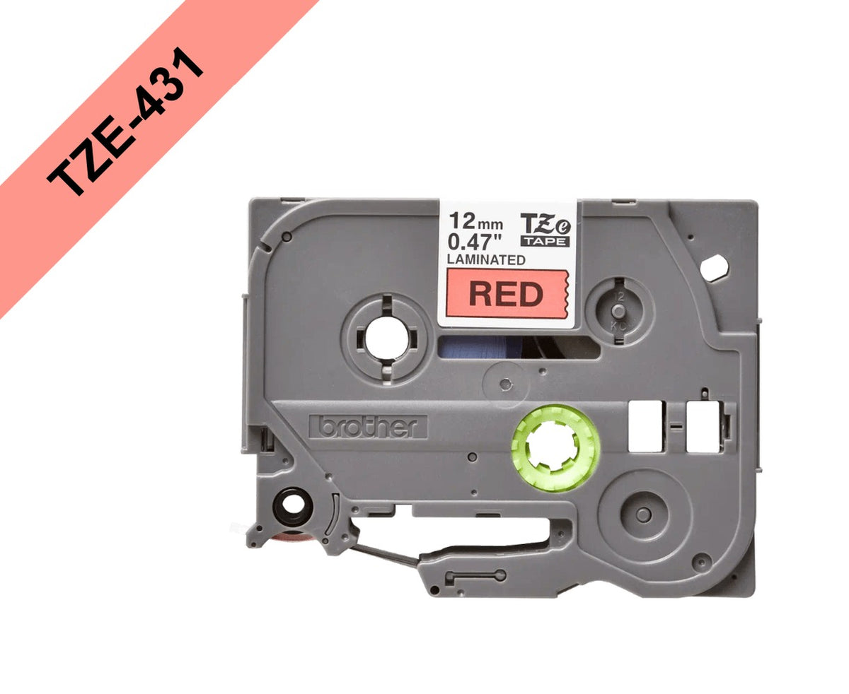 TZE-431 BROTHER Cinta laminada 12mm Texto negro sobre fondo rojo 8 metros Para equipos PT-H110/E300/E550/D600