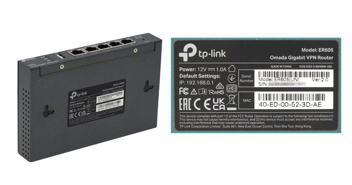 ER605 Router Omada TP-LINK con puertos WAN/LAN de 5 a 1000 Mbps y puerto USB para WAN, incluye fuente de alimentación de 12V/1A