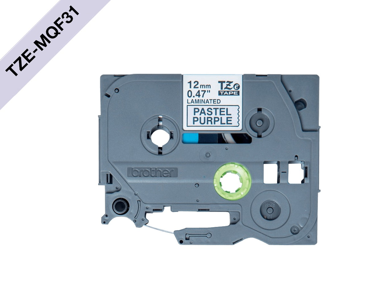 TZE-MQF31 BROTHER Cinta laminada de 12 mm, impresión negra sobre fondo color mora pastel, longitud de 4 metros, compatible con equipos PT-H110, E110 y H200