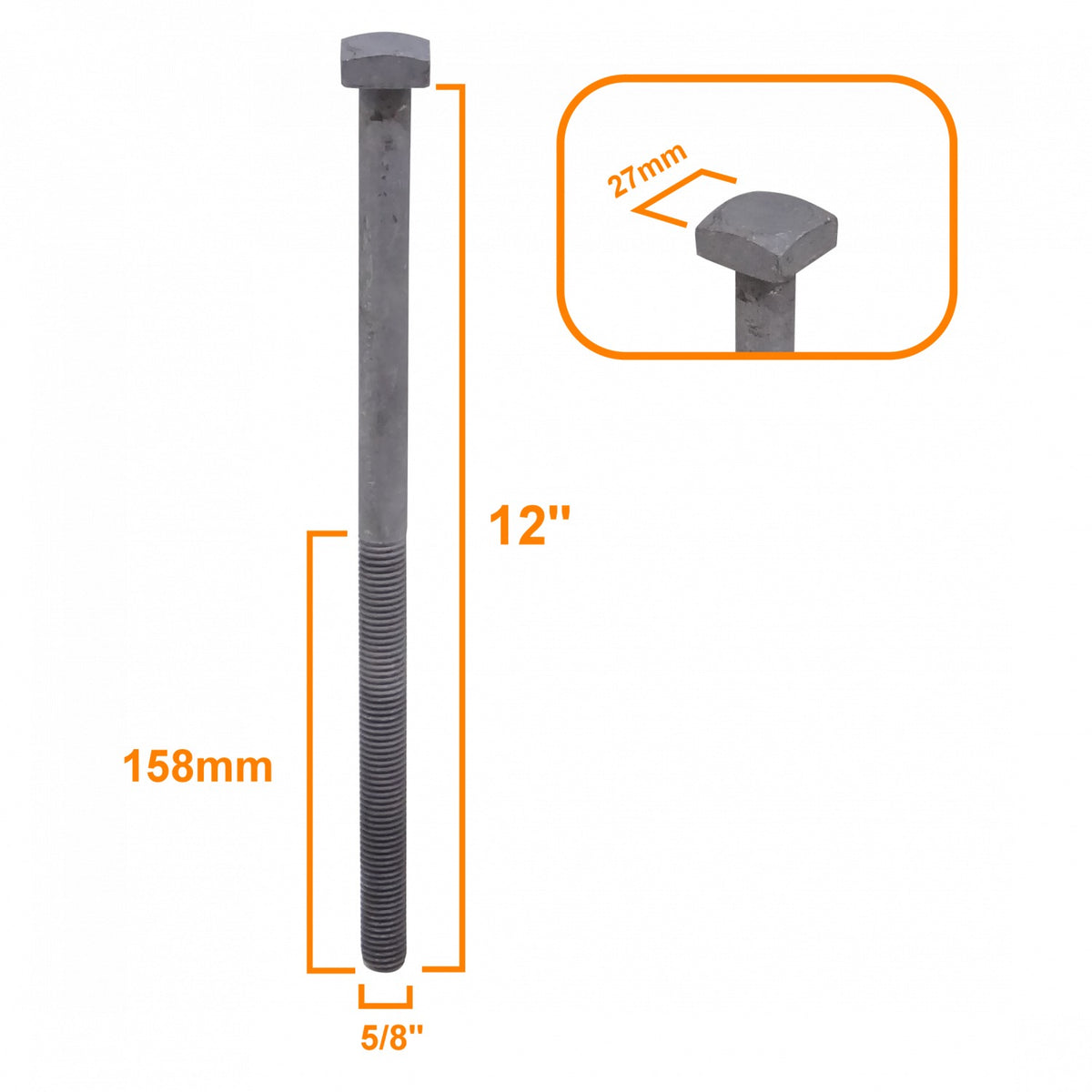 GTL00610 Perno de sección cuadrada 5/8 x 12 pulgadas con tuerca cuadrada de 27 mm, diámetro 0,625 pulgadas, longitud 12 pulgadas, 1 pieza