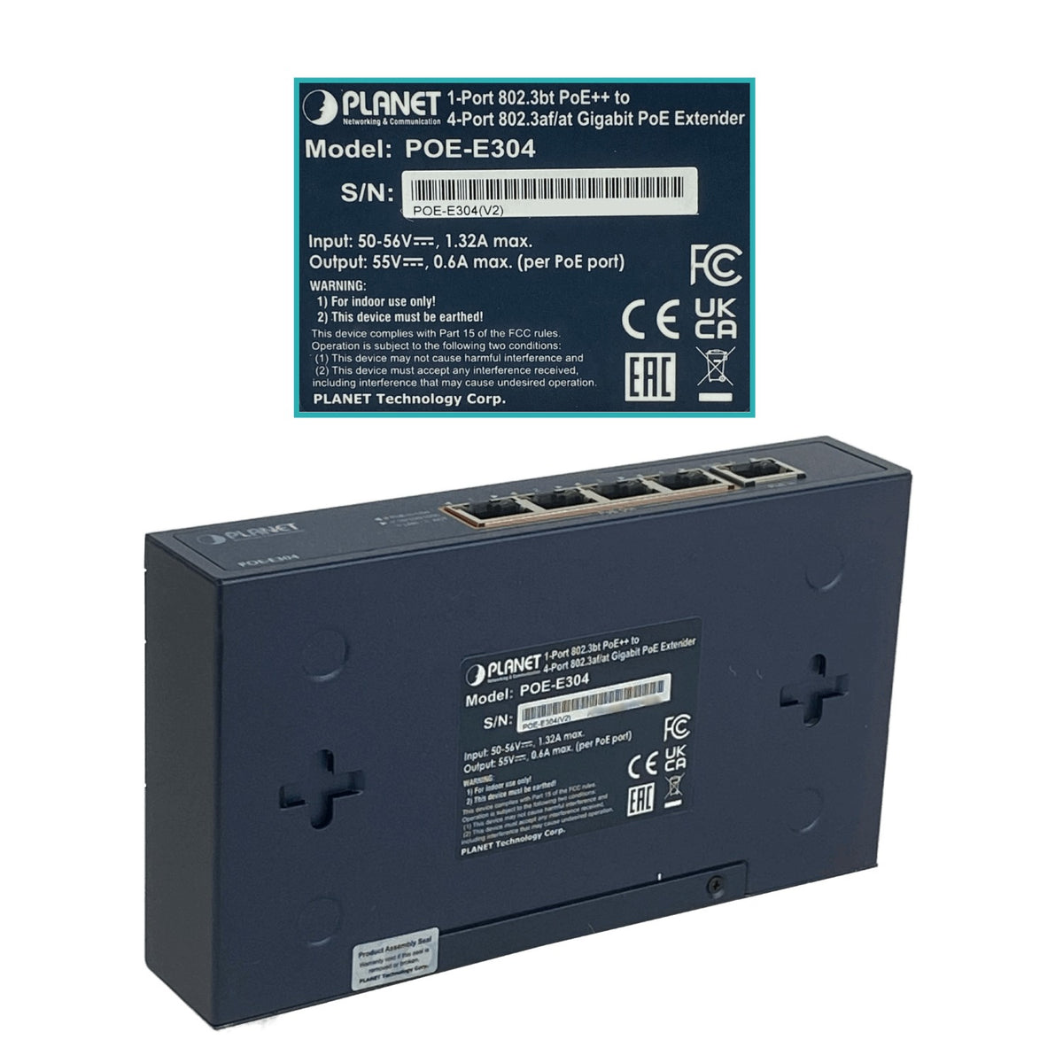 POE-E304 PLANET Switch PoE+at 1 Entrada a 4 Salidas 5-1000 56W 50-56V requiere Fuente 5,5x2,1