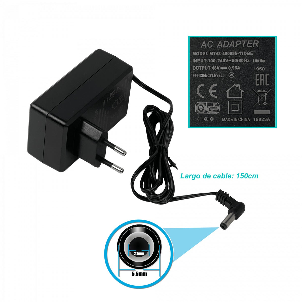 MT48 MIKROTIK 48V 0,95A 45,6W Conector-5,5x2,1mm Adaptador de Corriente MT48-480095-11DGE