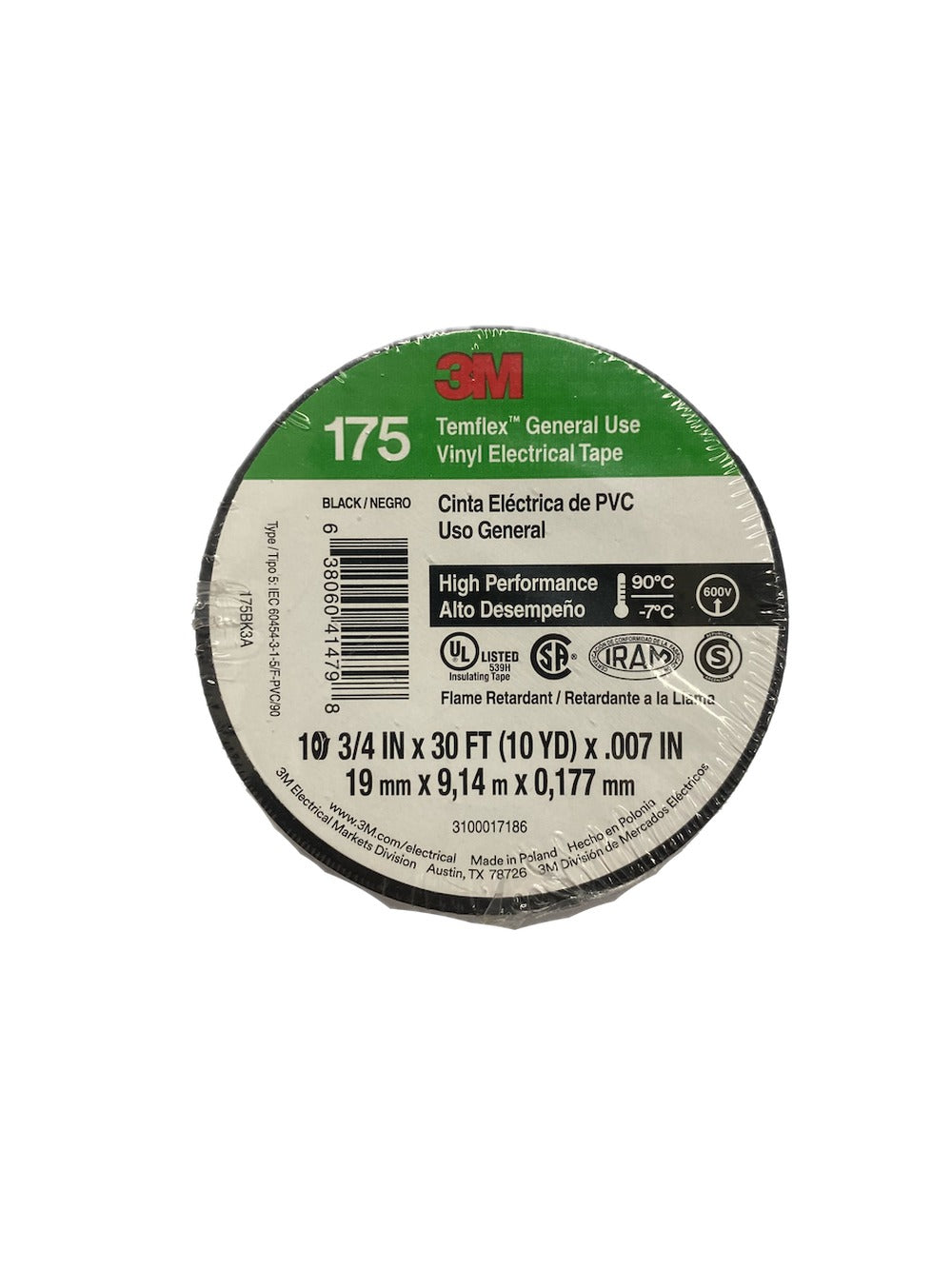 TEMFLEX-9N 3M 9mt 175 Negra Cinta Aislante PVC 19mm 0,177mm 600V -7ºC a 90ºC
