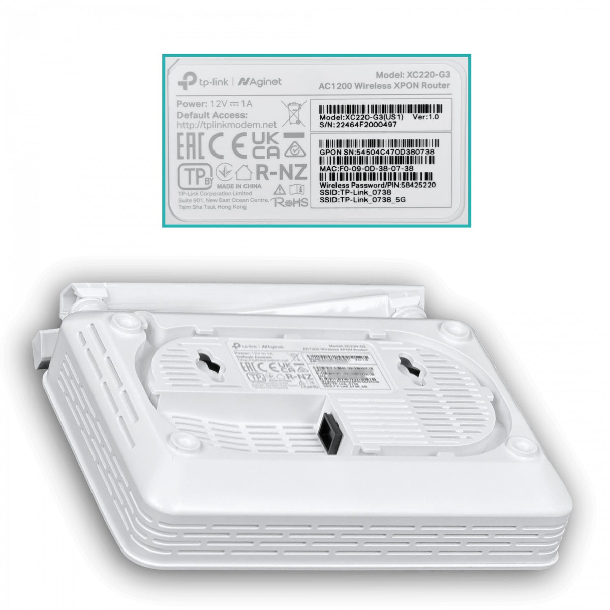 XC220 TP-LINK ONU XPON 2-LAN 1-SC/APC 867/300mbps 5/2,4GHz AC1200 inc-12Vdc