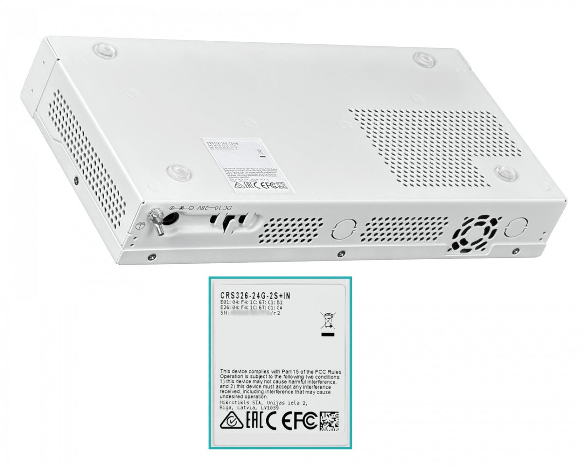 CRS326-24G-2S+IN MIKROTIK Enrutador de Capa 3 y Switch 24 Puertos 1000Base-T 2 Ranuras SFP+ 10G Puerto de Consola Licencia L5 Sobremesa