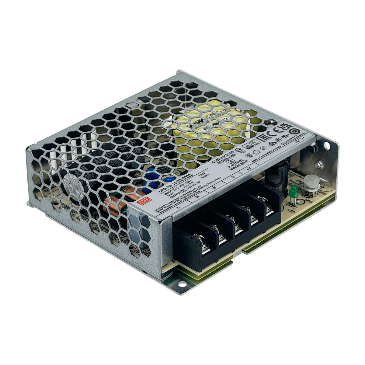 LRS-75-15 MEANWELL Fuente de Alimentación de Marco Abierto 75W, Salida 15V 5A, Entrada 100-240VAC, Voltaje Ajustable