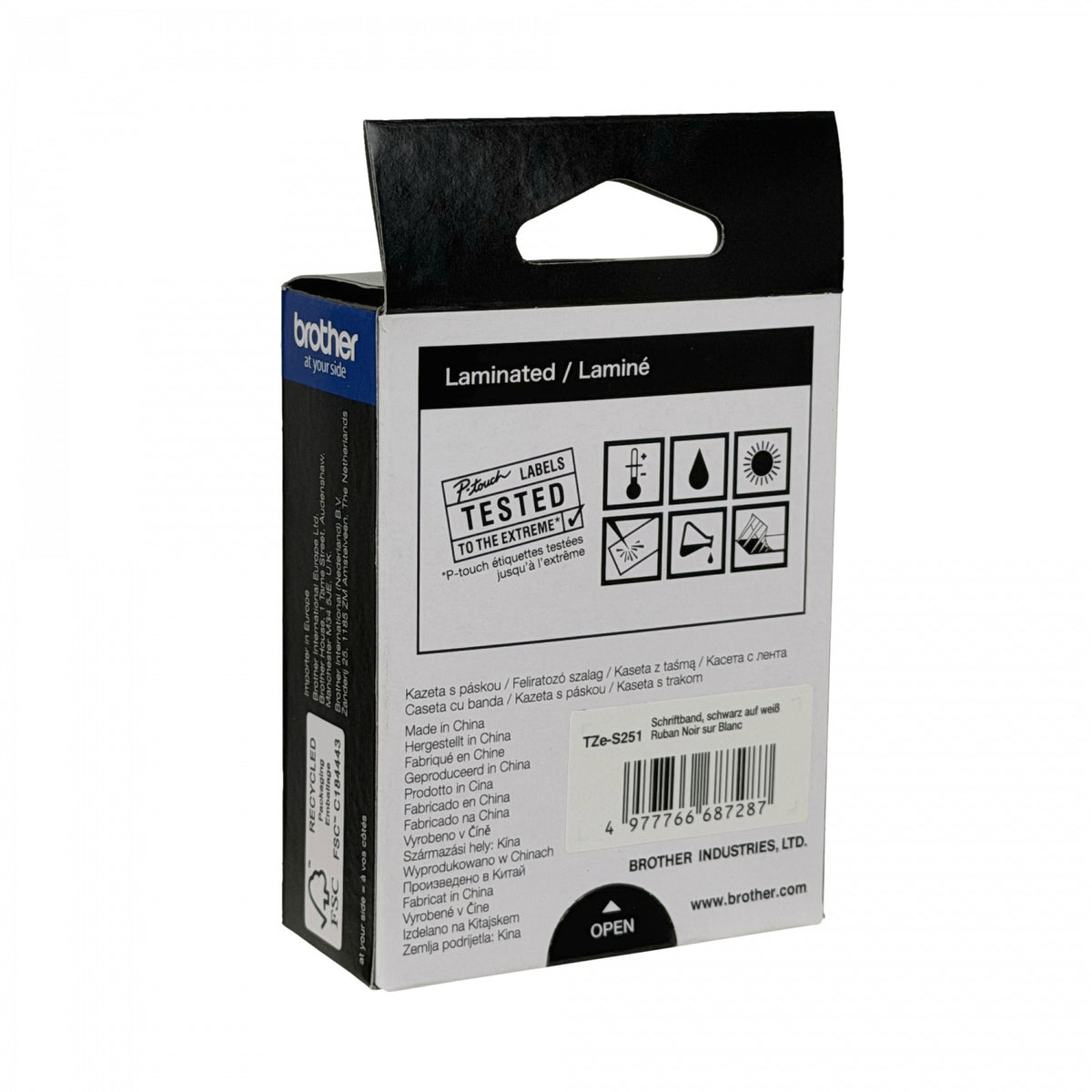 TZE-S251 BROTHER cinta de rotulación 24mm negro sobre blanco, largo 8 metros, compatible con equipos PT-E550WVP/D600VP