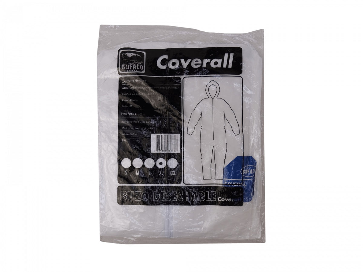 BUZO-XL Talla-XL Overol Protector Blanco Polipropileno con Cremallera y Capucha