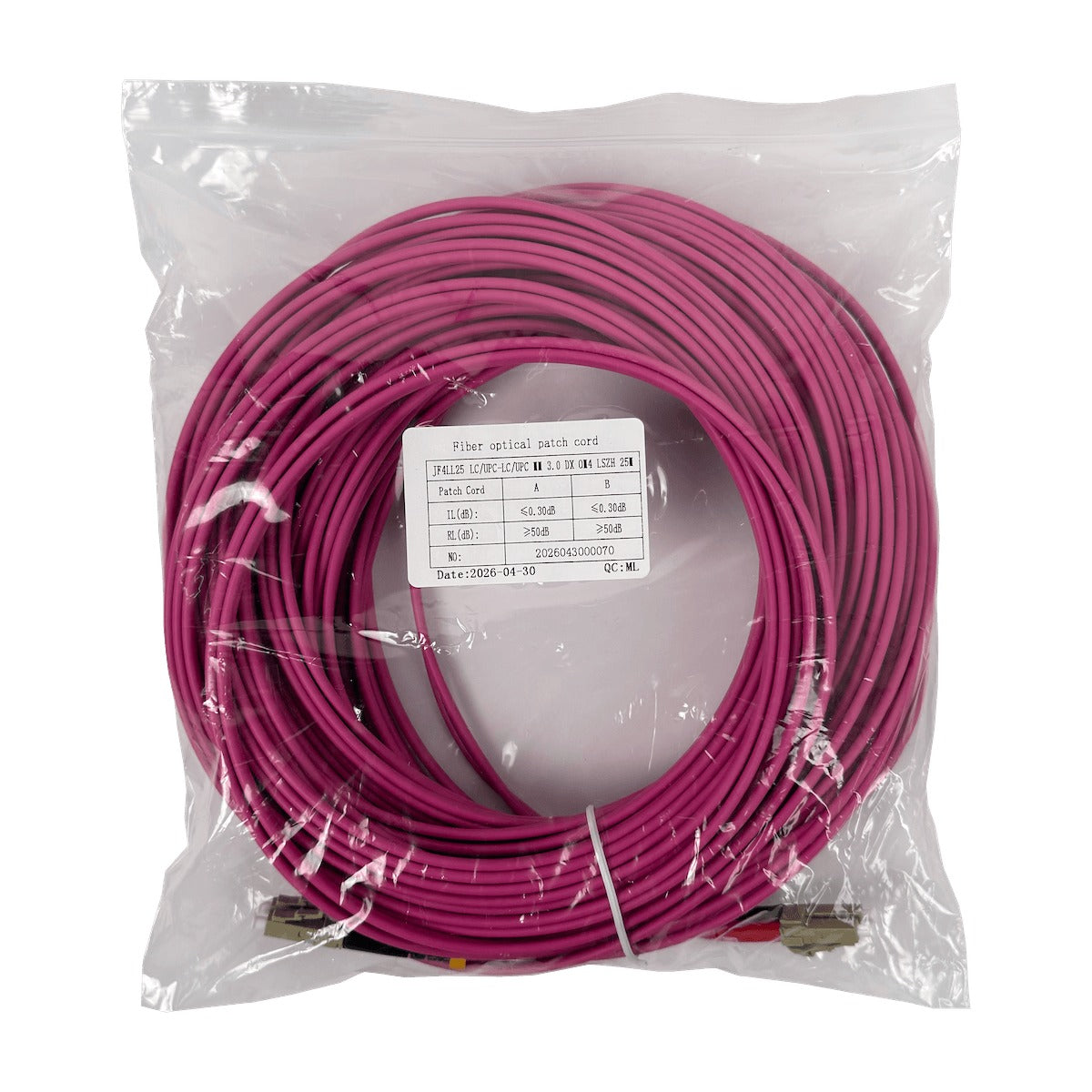 JF4LL25. Cable puente de fibra óptica multimodo OM4 dúplex LC-LC de 25 metros, núcleo/revestimiento 50/125 µm, diámetro 3 mm, cubierta LSZH