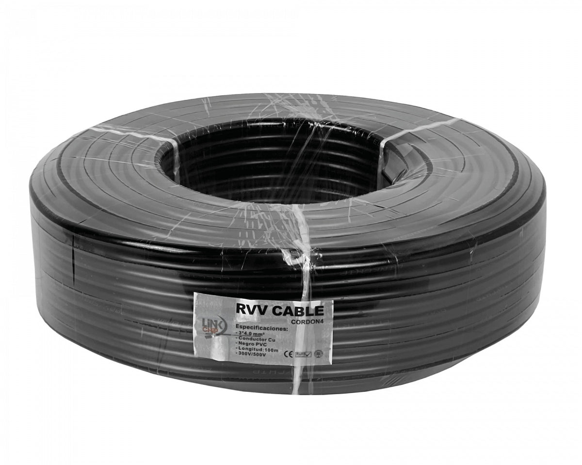CORDON4 cable eléctrico negro RVV de 3 conductores por 4,0mm, bobina de 100 metros, soporte de 18 a 26 amperios, sección 3x4.0mm