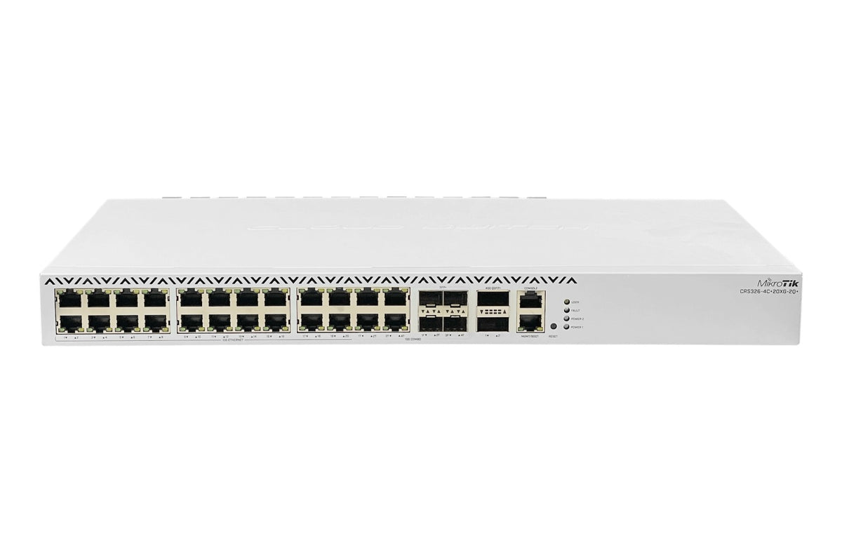 CRS326-4C+20G+2Q+RM MIKROTIK 20 puertos 2,5G 4 puertos 10G 4 ranuras SFP+ 2 ranuras QSFP+40G L6 2 fuentes 220VAC requiere-cables-C13
