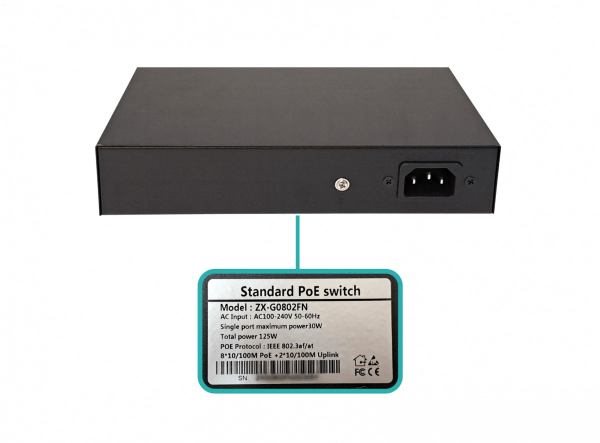 POE-SWITCH-8 Conmutador 8 Puertos 100Mbps PoE-af 2 Puertos 100Mbps 100-240VAC 125W C13 ZX-G0802FN