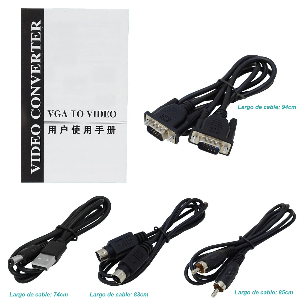 VGARCA Adaptador VGA-H-entrada RCA-H-salida SVIDEO-salida req-5V-USB-AH