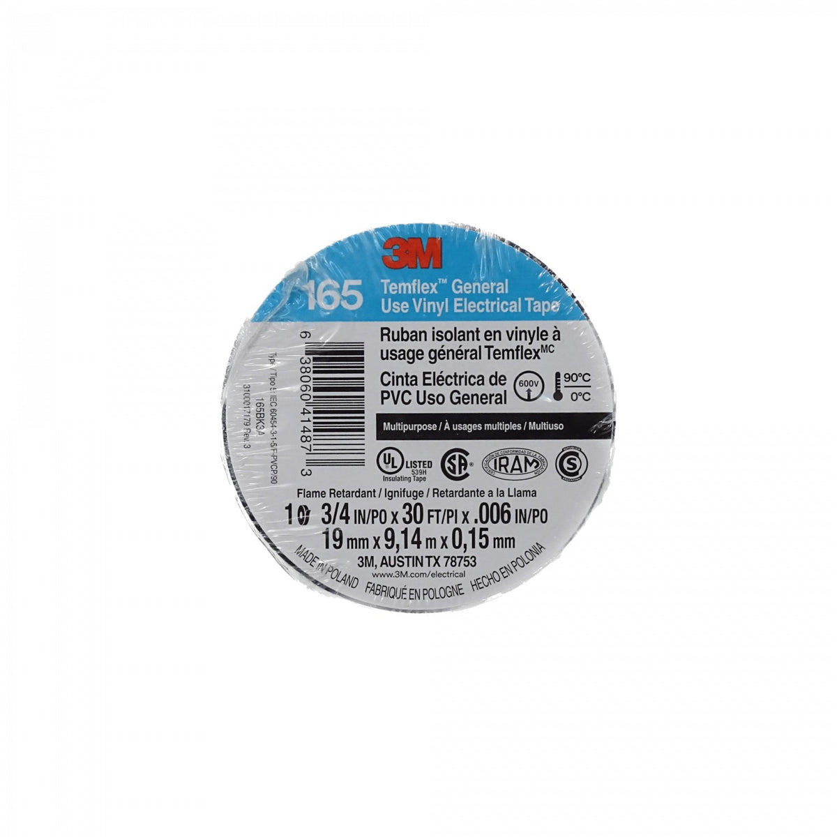 TEMFLEX-9 3M 9m 165 Negra Cinta Aislante PVC 19mm 0,15mm 600V 0-90ºC