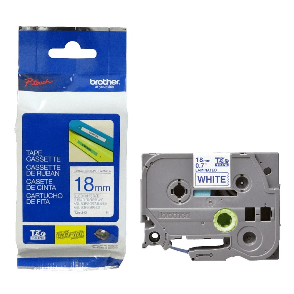 TZE-243 BROTHER Cartucho de cinta laminada de 18mm con texto azul sobre fondo blanco, longitud de 8 metros, compatible con equipos PT-E300VP, D600VP y E550W