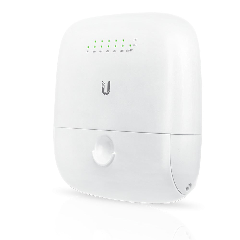 EP-R6 Router de exterior UBIQUITI con regleta de 24V, alimentación PoE pasiva de 24V y 30W, puerto SFP incluido, banda de 5 GHz y alcance de hasta 1000 metros.