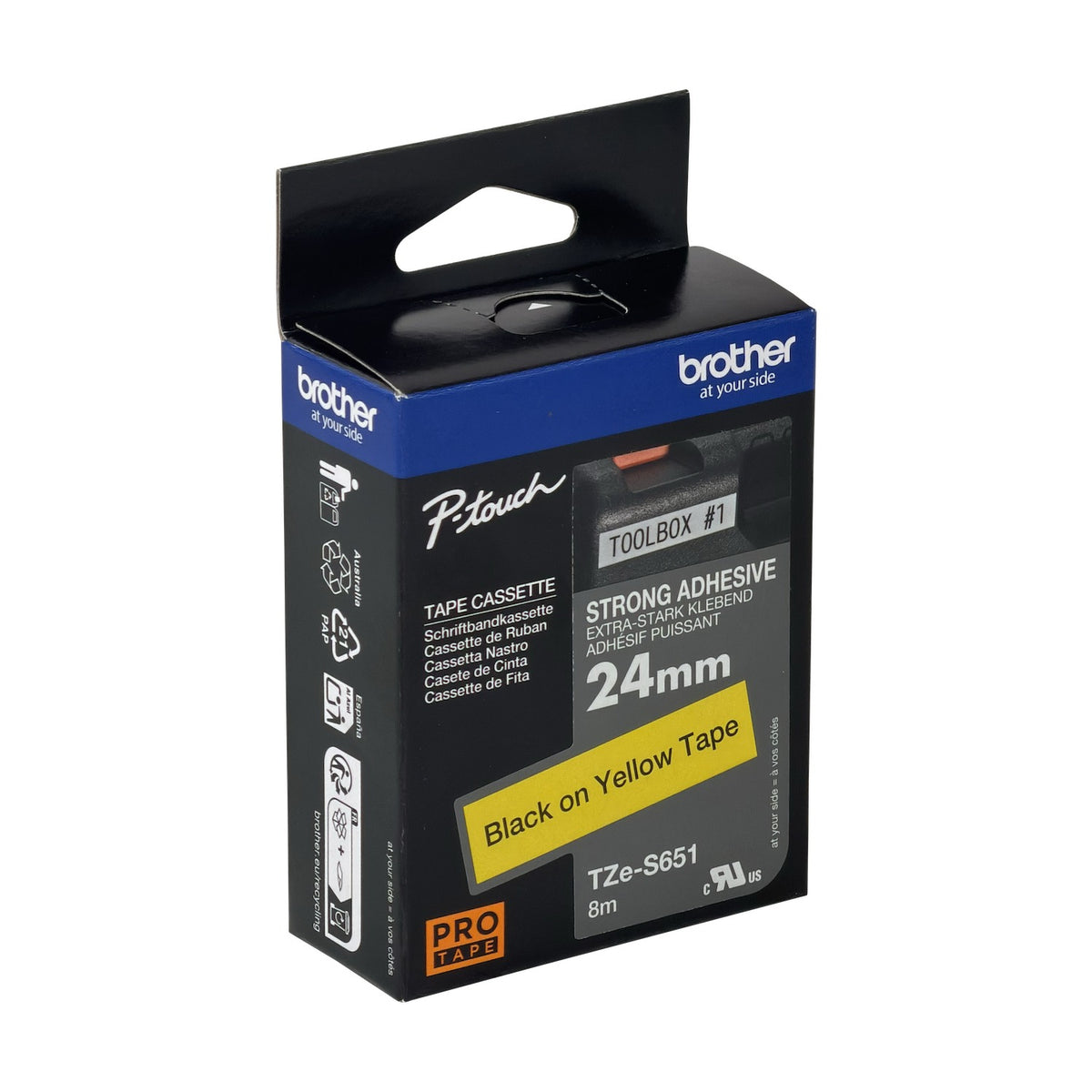TZE-S651 BROTHER E-P Cinta de 24mm Impresión Negra sobre Base Amarilla 8 metros para PT-E550WVP/D600VP