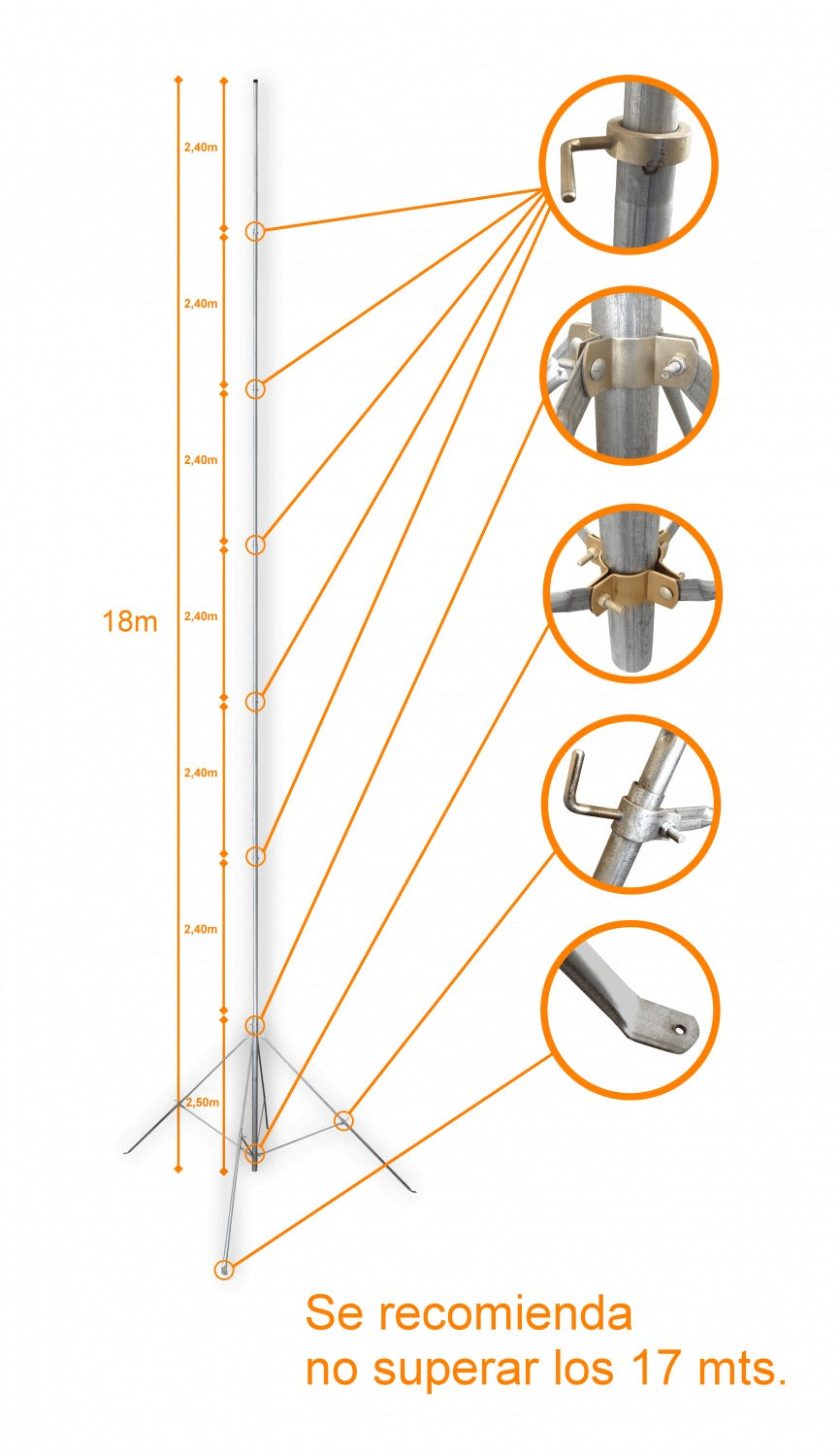MASTD-18M LINKMADE 17mt Poste Ligero Extensible Galvanizado Sin-necesidad-de-viento