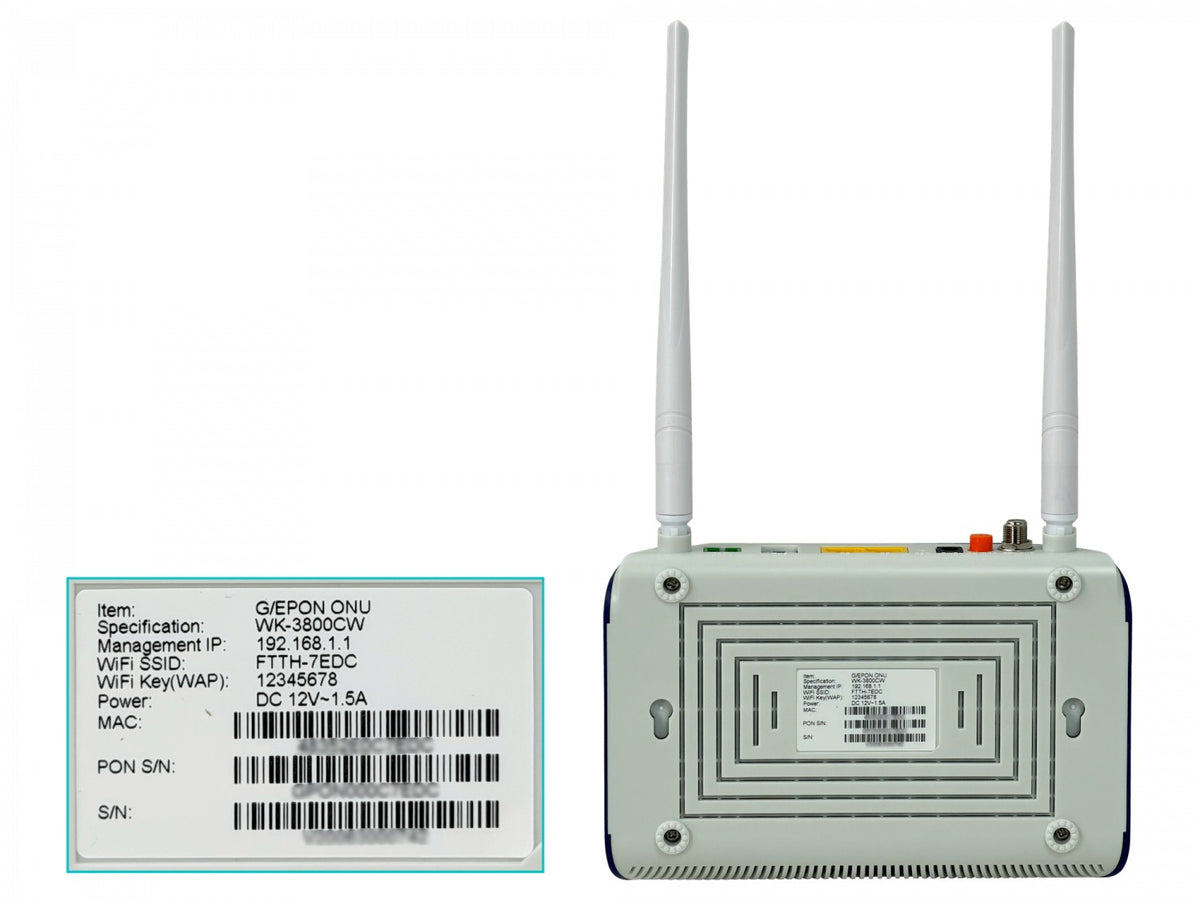 WK-3800CW WOLCK Terminal de Red Óptica XPON con CATV, RJ11, WiFi 2.4GHz, LAN 1-1000/1-100, PON-SC/APC-SM, incluye Fuente 12V