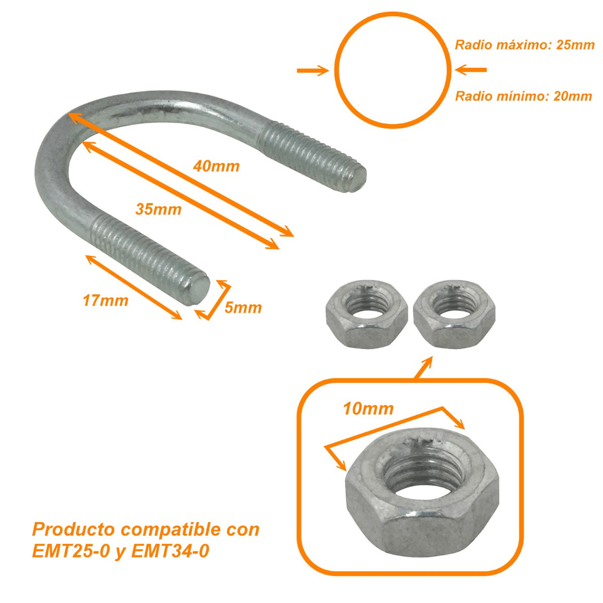 UDN-02 Sujetador para poste tubular de 20 a 25mm de diámetro con 2 tuercas de 10mm requeridas por pletina
