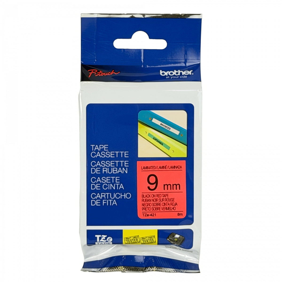 TZE-421 BROTHER Cartucho de Etiqueta 9mm Texto Negro sobre Cinta Roja Largo 8m Compatible PT-H110/E300/E550/D600