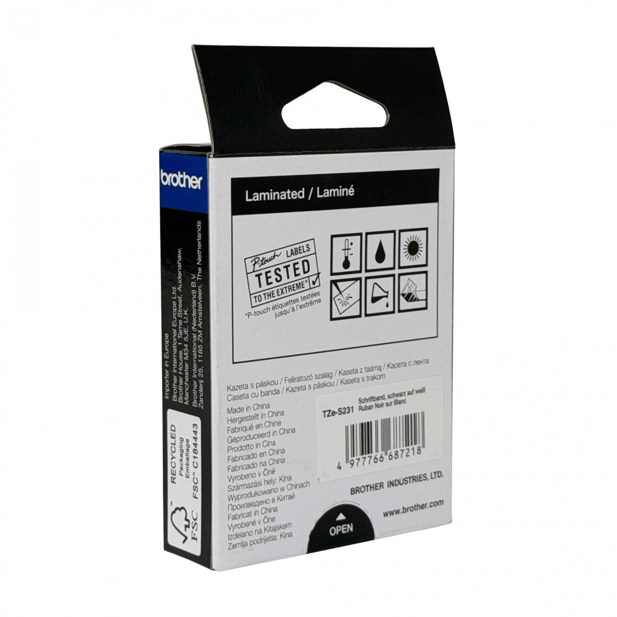 TZE-231 BROTHER 12mm Negro sobre Fondo Blanco Cinta 8mt para PT-H110/E300/E550