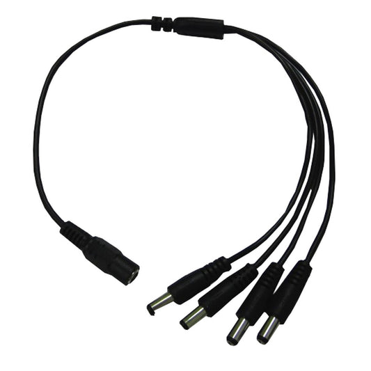 DCJ4P Divisor negro de 1 conector DC hembra a 4 DC macho 5,5x2,1mm con largo de 11mm y cables de 16cm+16cm