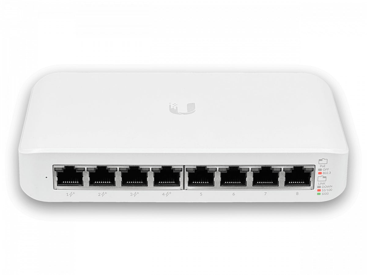 USW-LITE-8-POE. UI Segunda Generación 8 puertos 1000 Mbps, 4 PoE 48V at, 52W totales, Switch Capa 2 requiere UniFi, incluye fuente 54V/60W, versión UE, UBIQUITI