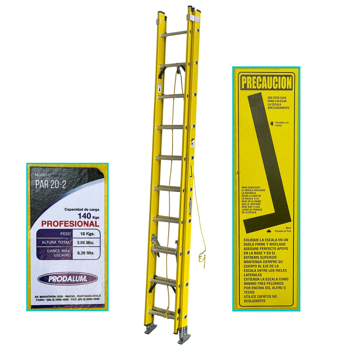 ESFA-420. Escalera extensible de fibra de vidrio de 3 a 6,3 metros, capacidad de 140 kg, con 20 peldaños.