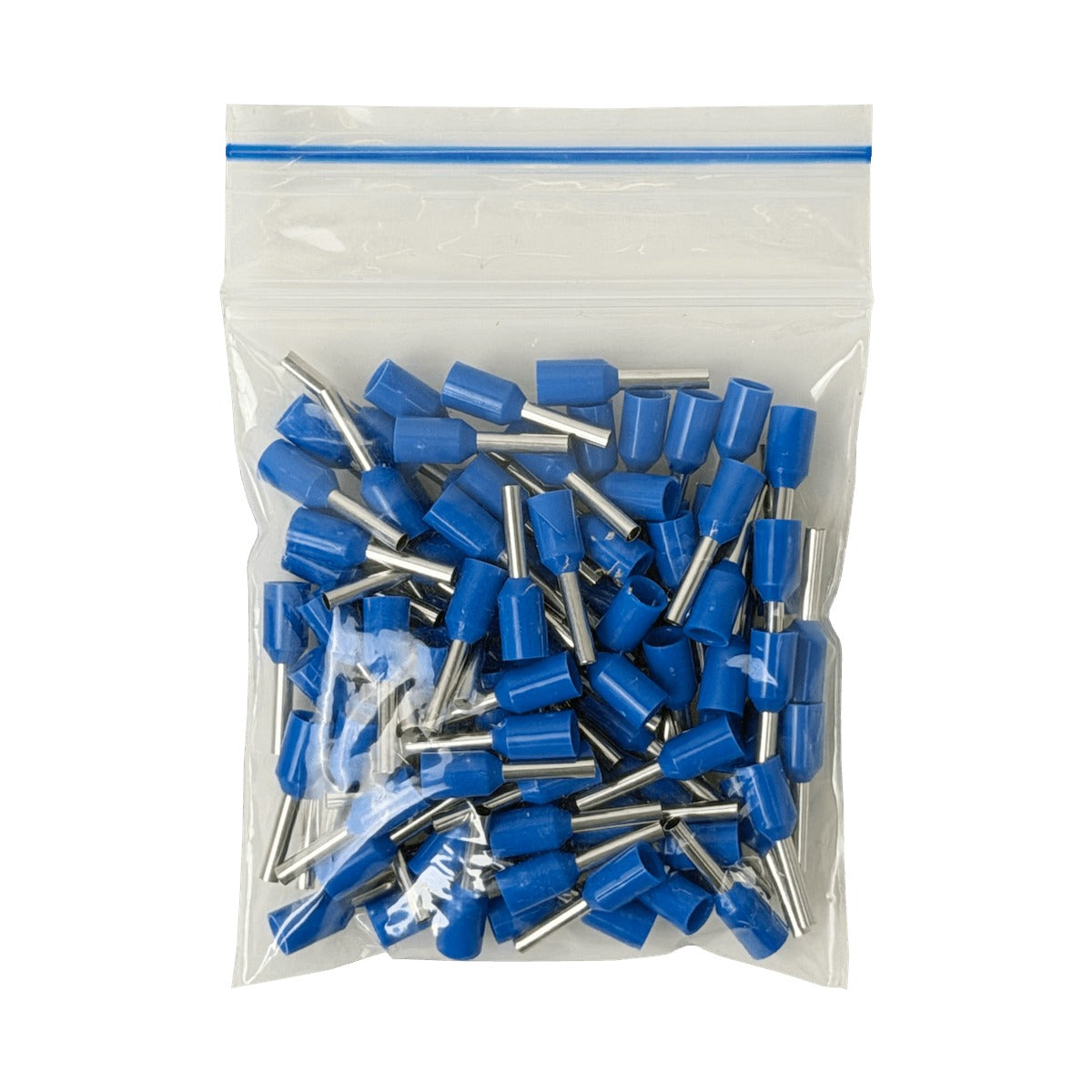 E1008-A Terminales aislados engarzables de color azul para cable de 1,0mm², 8mm de largo y 15mm de diámetro, calibre AWG18, en paquete de 100 unidades