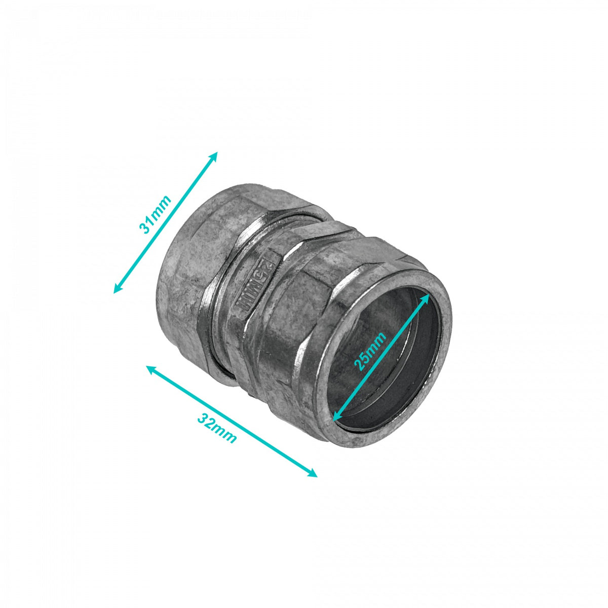 EMT25-UC Acoplador de Compresión Recto de 25mm en Acero Zincado para Tubería Conduit EMT de 25,0mm
