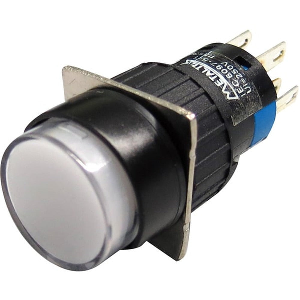 Botón retentivo redondo plástico Iluminado 16mm Serie P16 - DPDT (2 Reversible) - Rojo - Piloto LED 220VAC/DC