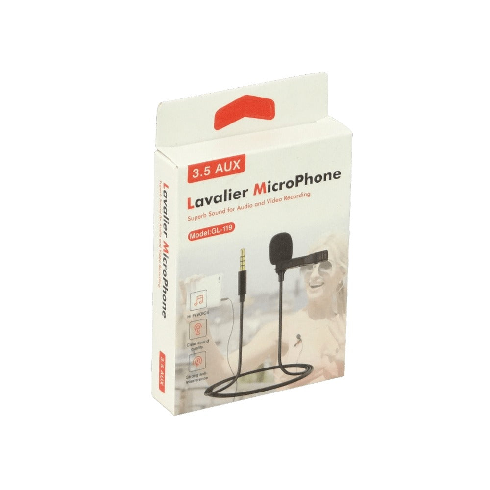 LAVALIER-35 Micrófono de solapa con pinza para vestimenta tipo camisa o polera, conector 3,5mm macho y cable pasivo modelo GL-119