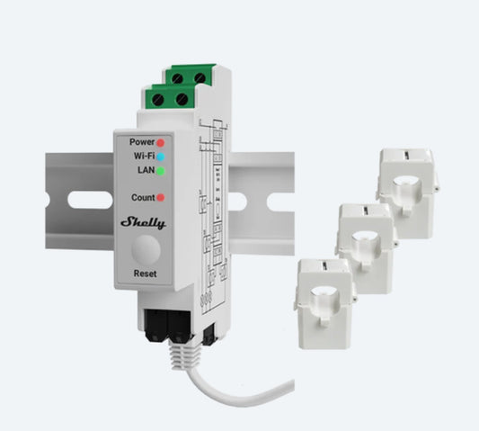 Shelly Pro 3EM - Medidor de Energía Trifásico DIN 120 A con Wi-Fi, LAN y Bluetooth (Incluye 3 Transformadores de Corriente 120 A)