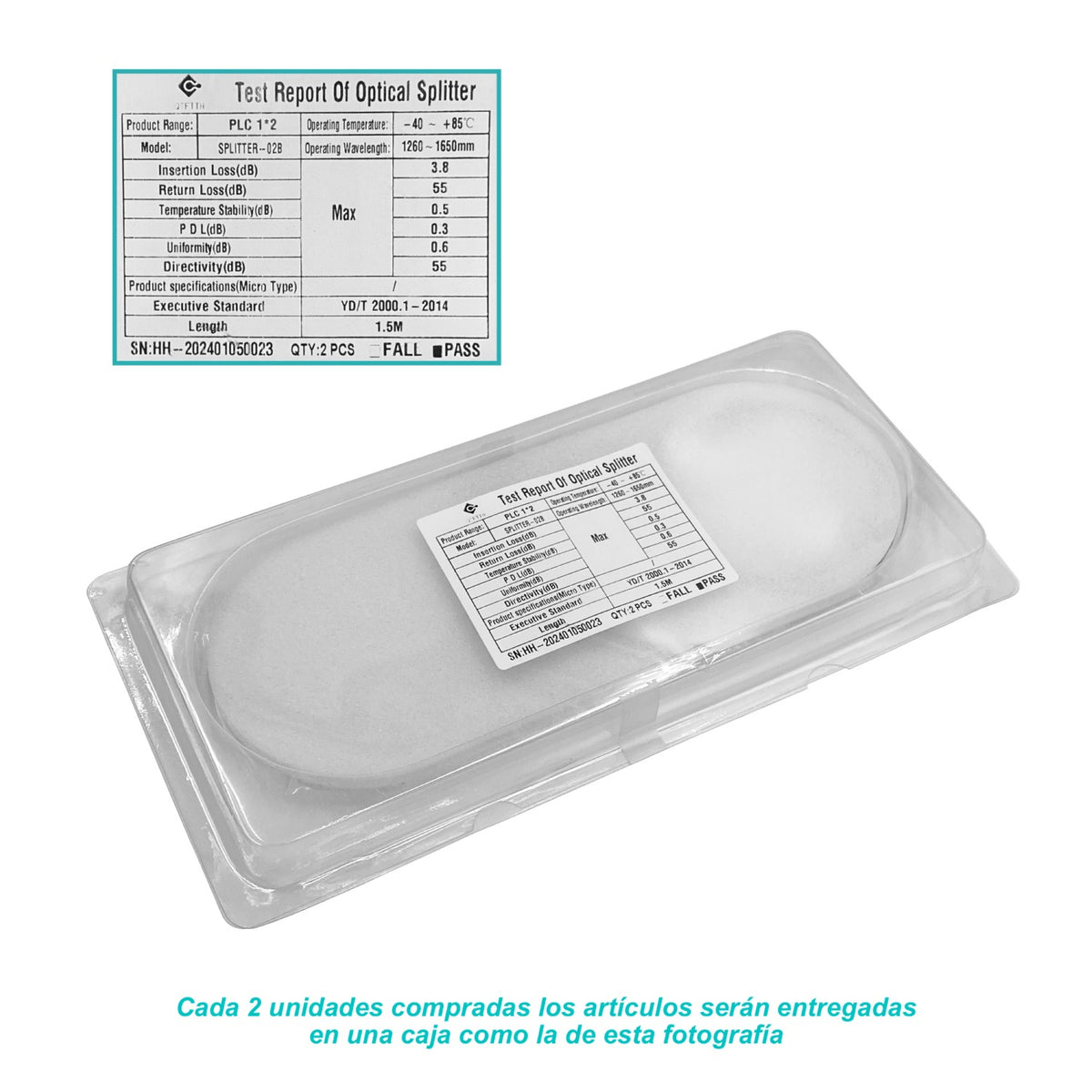 SPLITTER-02B Divisor óptico 1x2 sin conectores para redes EPON/GPON, longitud 1,5m, requiere empalme por fusión, rango 1260-1650nm