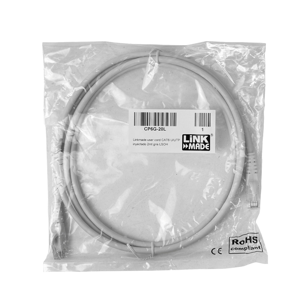 CP6G-20L LINKMADE 2MT CAT6 GRIS LSZH CABLE PATCH INYECTADO MULTIFILAR