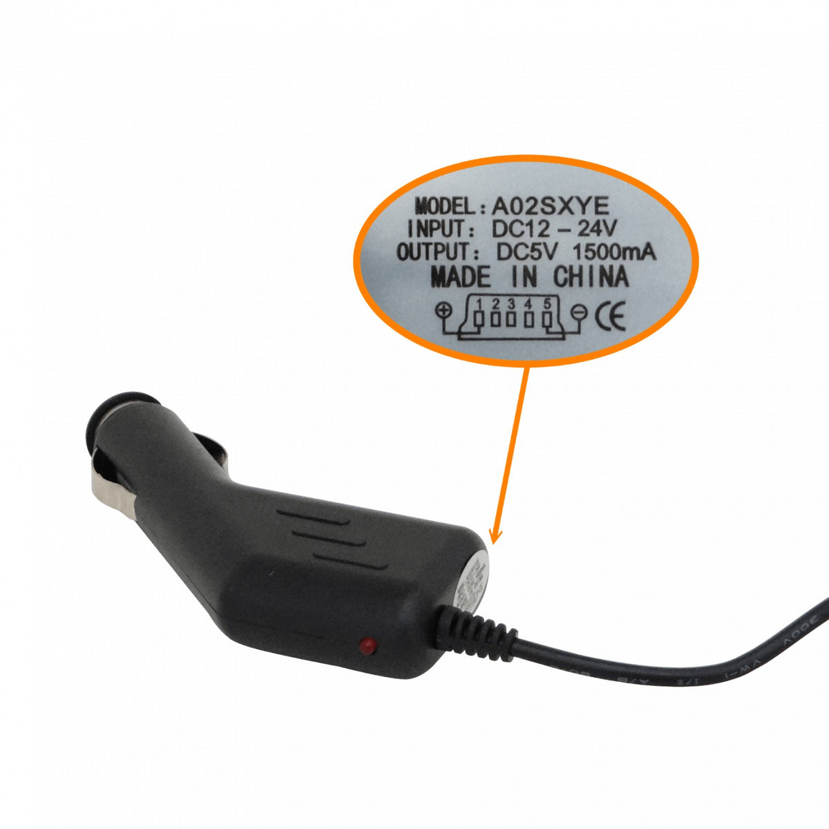 PLUG-AUTO-5 Adaptador de Corriente para Automóvil Macho 24V/12V a USB 5V-1500mA con Fusible de 2A, Modelo A02SXYE
