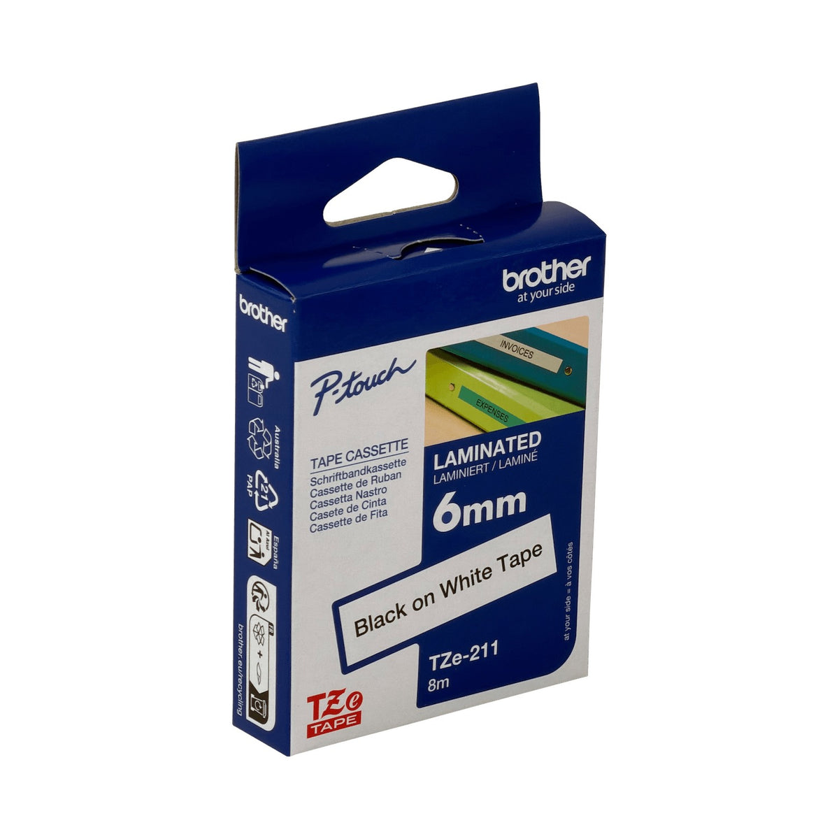 TZE-211 BROTHER 6mm Negro sobre Fondo Blanco Cinta 8mt para PT-H110/E300/E550/D600