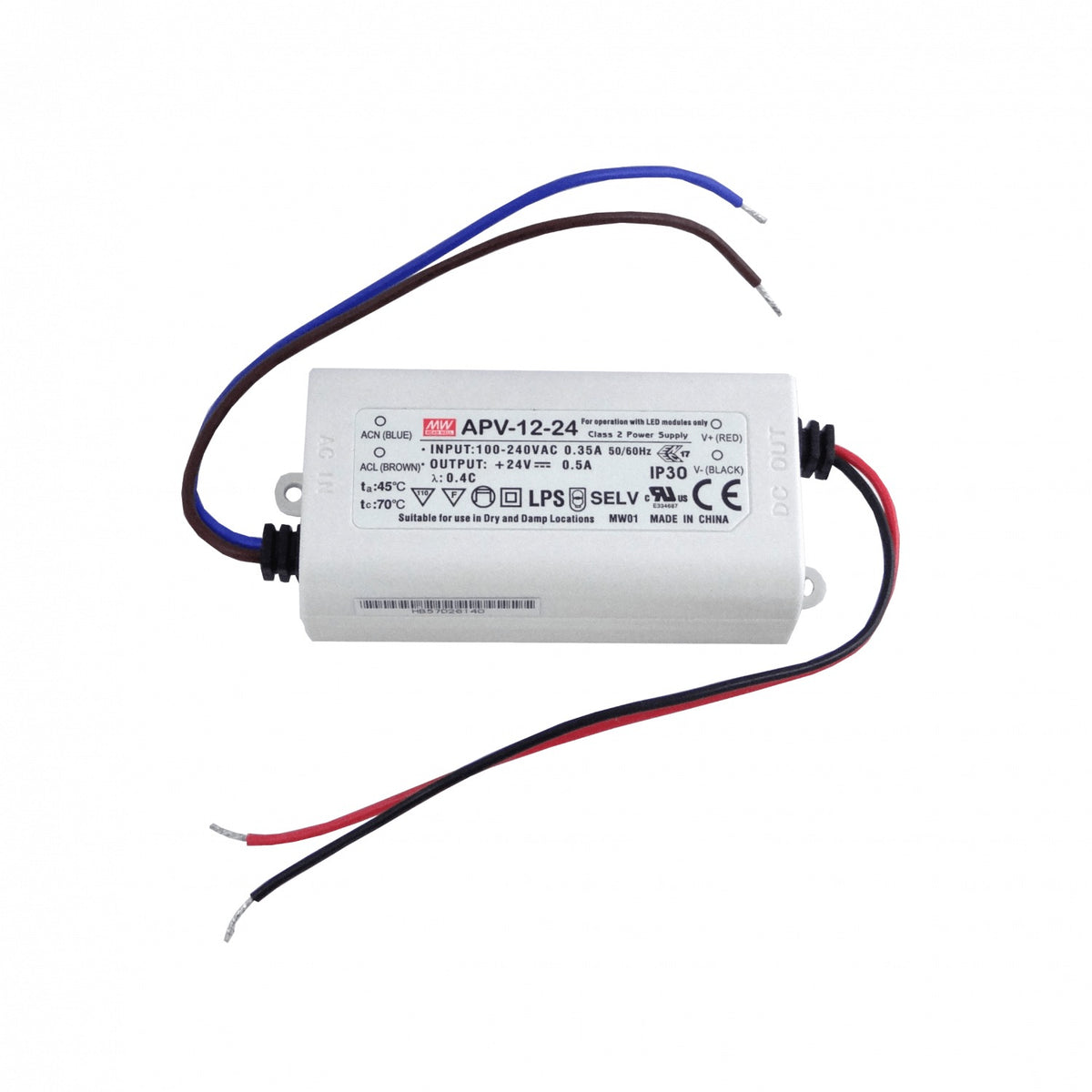 APV-12-24 MEANWELL Fuente de Alimentación 24V 12W 0,5A 100-240VAC Carcasa Plástica IP30 Hermética