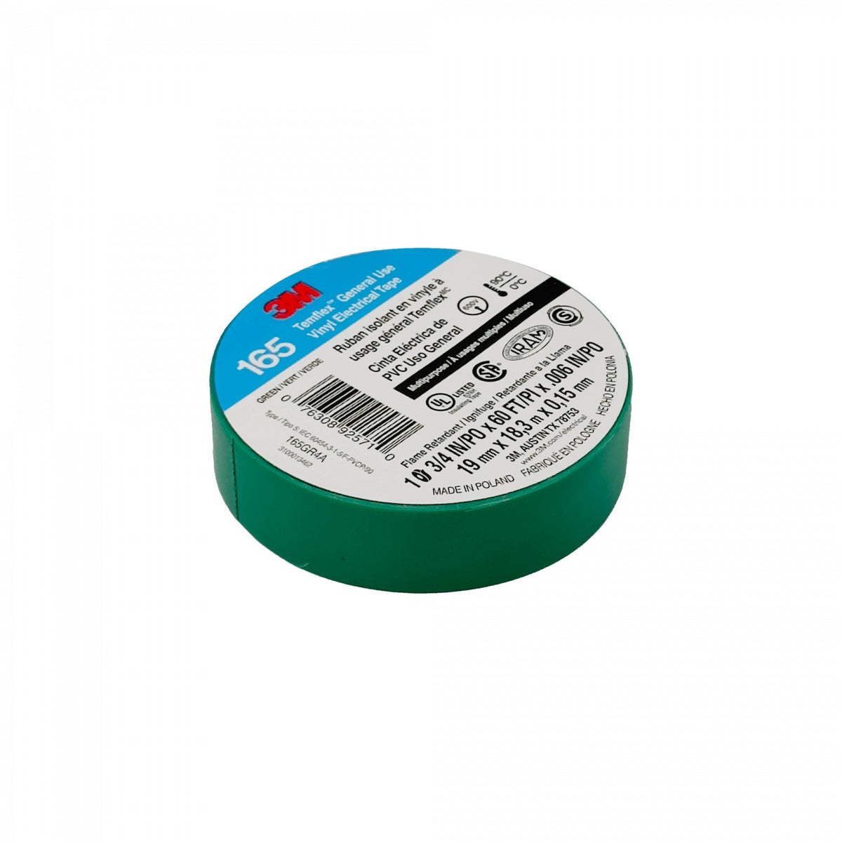 TEMFLEX-18V 3M 18 metros 165 Verde Cinta Aislante Eléctrica PVC 19mm 0,15mm 600V 0-90ºC