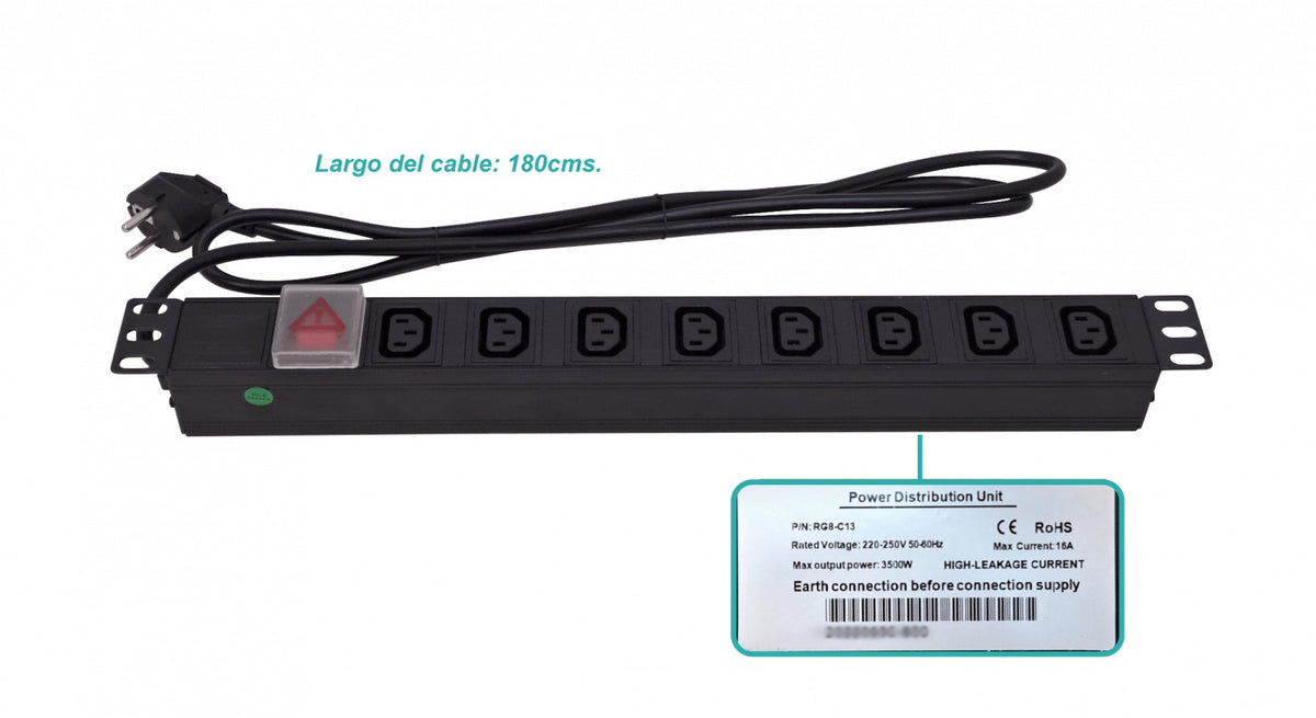 RG8-C13 Unidad de Distribución 8-Tomas-C13 Enchufe-Schuko-16A Rack-1U Interruptor Luminoso