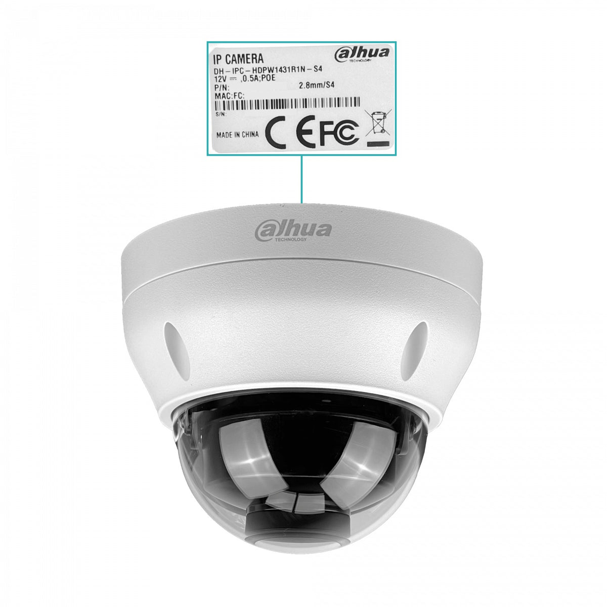 1431R DAHUA Cámara domo fija de 4 megapíxeles, lente 2,8mm, protección IP67 contra polvo y agua, resistencia antivandálica IK10, alimentación PoE, visión nocturna infrarroja de 30 metros, funcionalidades inteligentes