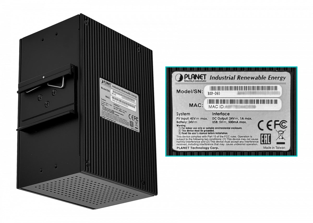 BSP-360 PLANET Switch Gestionable 5 Puertos 1000-PoE+ Alimentación Solar PV24-45V/120W Requiere Batería 24V Carril DIN