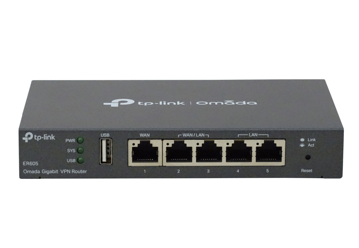 ER605 Router Omada TP-LINK con puertos WAN/LAN de 5 a 1000 Mbps y puerto USB para WAN, incluye fuente de alimentación de 12V/1A