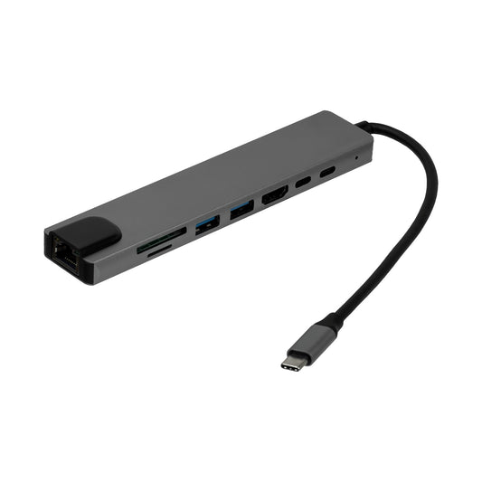 HUB-CHASE Concentrador Tipo-C con 2 puertos USB-C, 1 salida HDMI, 2 entradas USB-A, ranuras SD/microSD y conector RJ45-10/100 en carcasa de aluminio