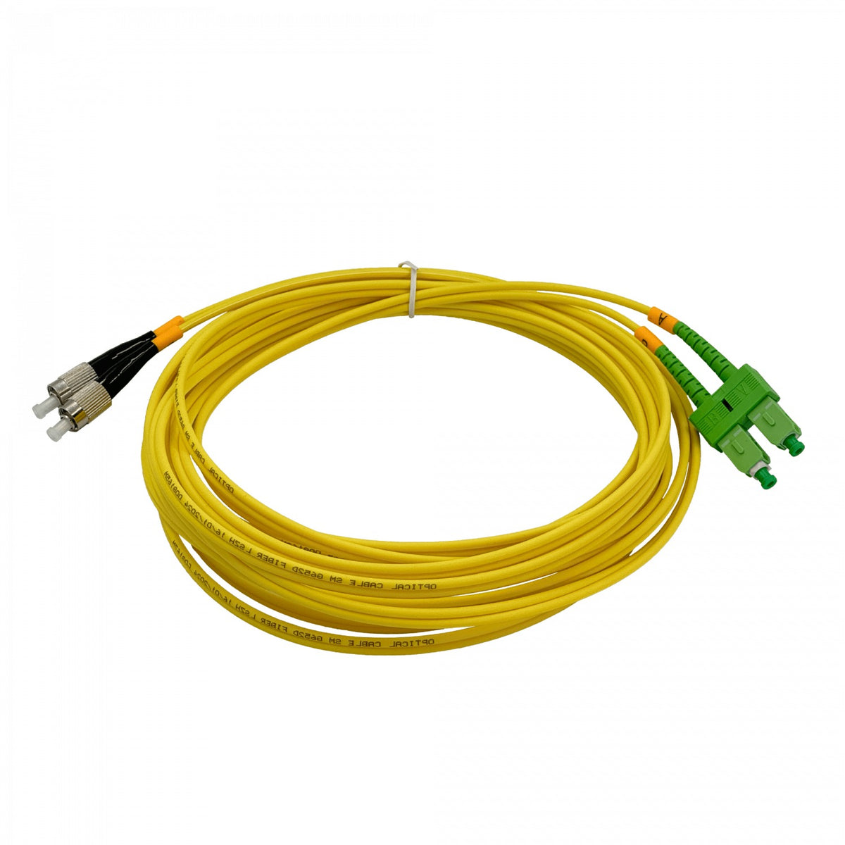 JFSAF5. Cable puente de fibra óptica monomodo SM dúplex de 5 metros, conectores SC/APC a FC/UPC, núcleo de 9/125 µm y cubierta de 3 mm.